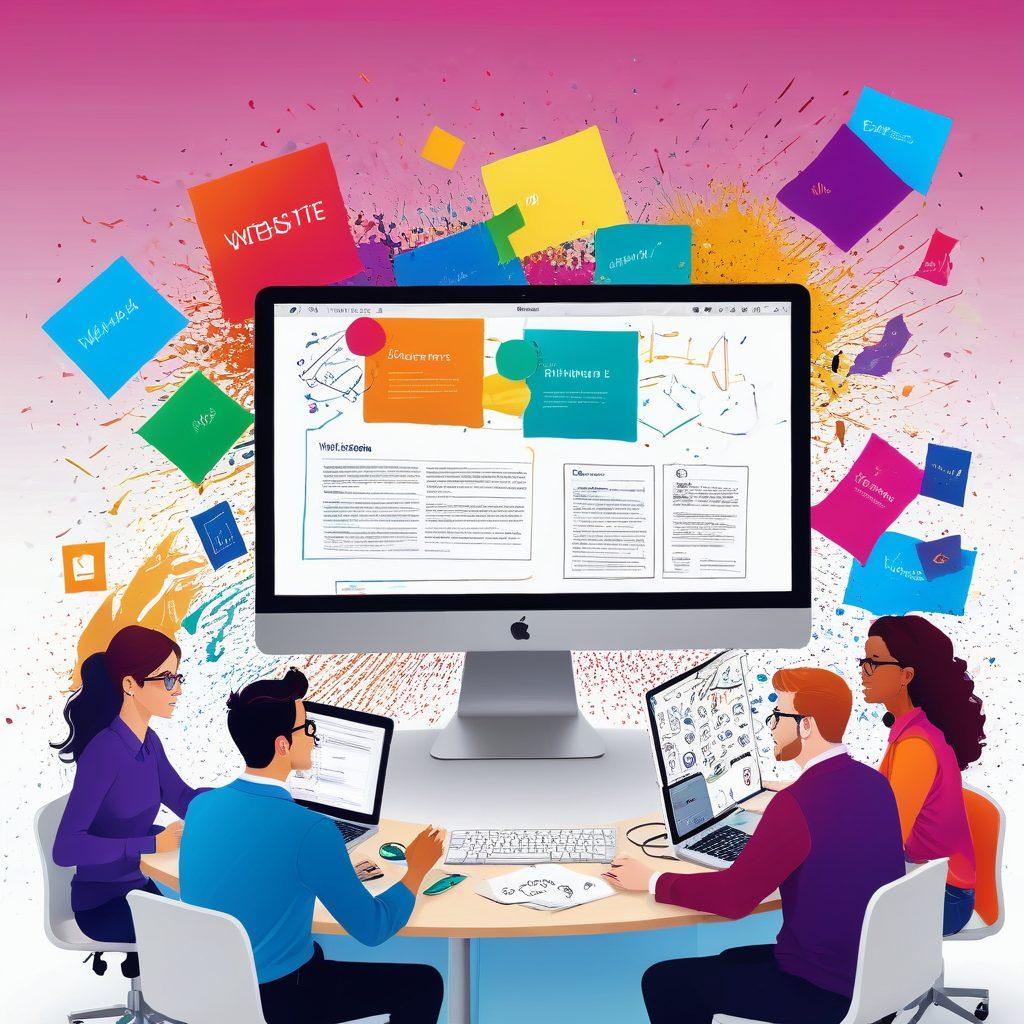 A dynamic scene showing a creative team brainstorming website designs, with vibrant interface sketches, wireframes, and coding symbols floating around. Background includes a sleek computer setup showcasing a polished website launch, complete with celebratory confetti. super-realistic. vibrant colors. white background.
