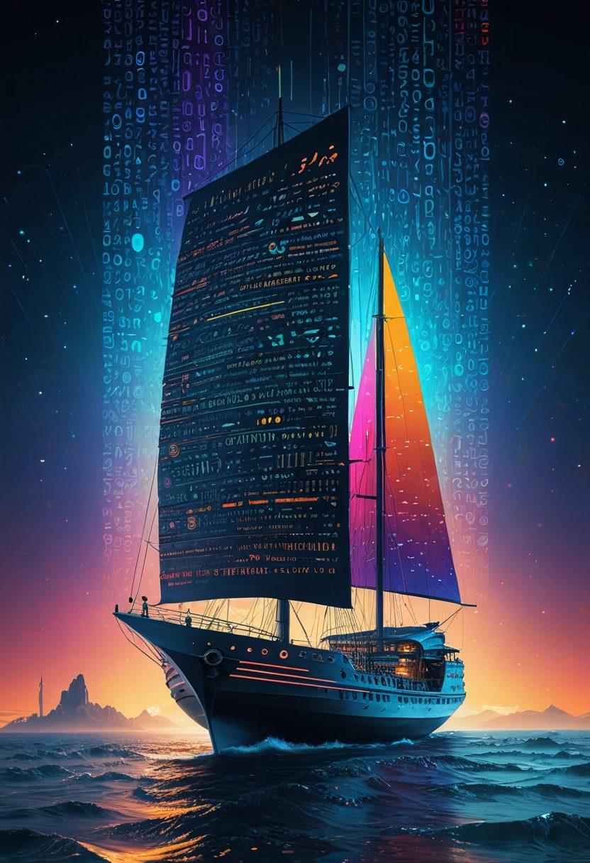 A futuristic ship with digital sails navigating through a vast, interconnected sea of binary code, representing both the challenges and opportunities of the digital landscape. The ship should carry various tools and symbols related to web development and design, like HTML tags, design elements, and coding symbols, all in a harmonious blend. The background includes a skyline of iconic US landmarks emerging from the code. vibrant colors. super-realistic.