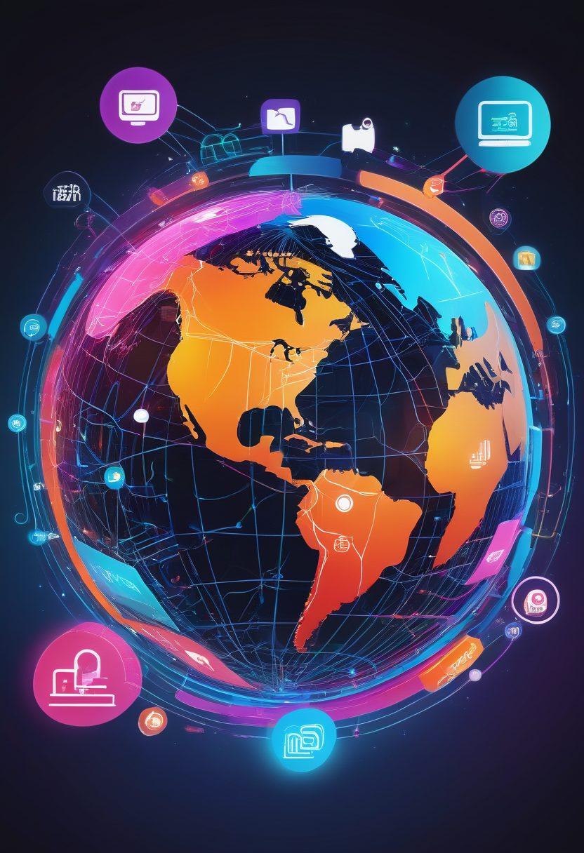 A dynamic collage showcasing various interconnected web elements like online stores, interactive user interfaces, social media icons, and SEO graphs. Include a central glowing globe with digital connections spreading outwards. Bright, futuristic, and clean design. 3D. vibrant colors.